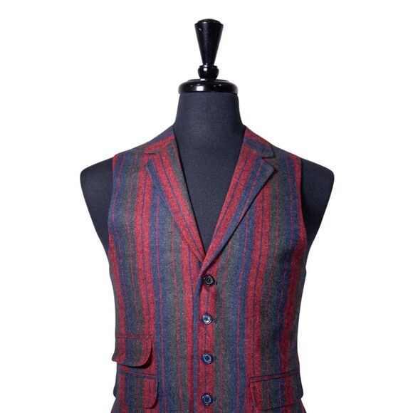 Mens Vest 40R Red Blue Green Striped Wool Waistcoat Medium Western Casual Preppy - Picture 4 of 10